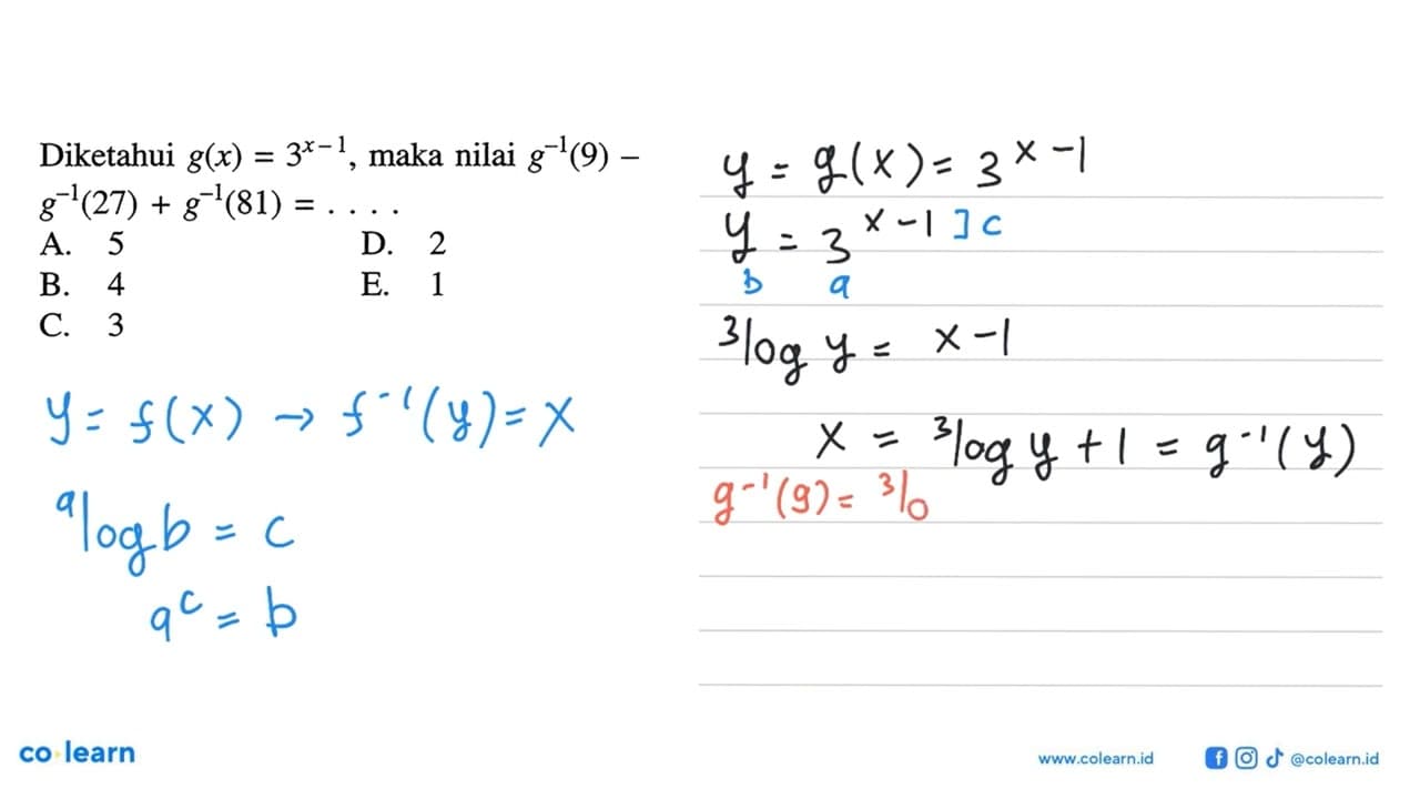 Diketahui g(x)=3^(x-1), maka nilai g^(-1)(9)-