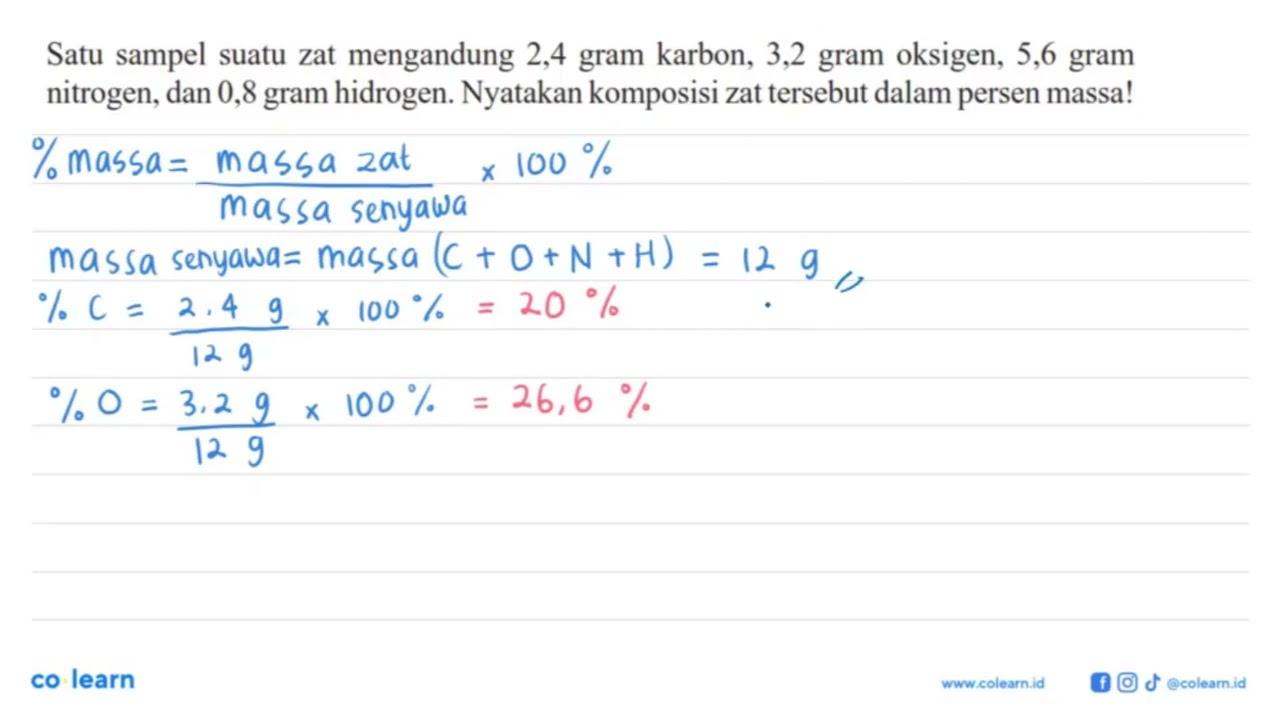 Satu sampel suatu zat mengandung 2,4 gram karbon, 3,2 gram