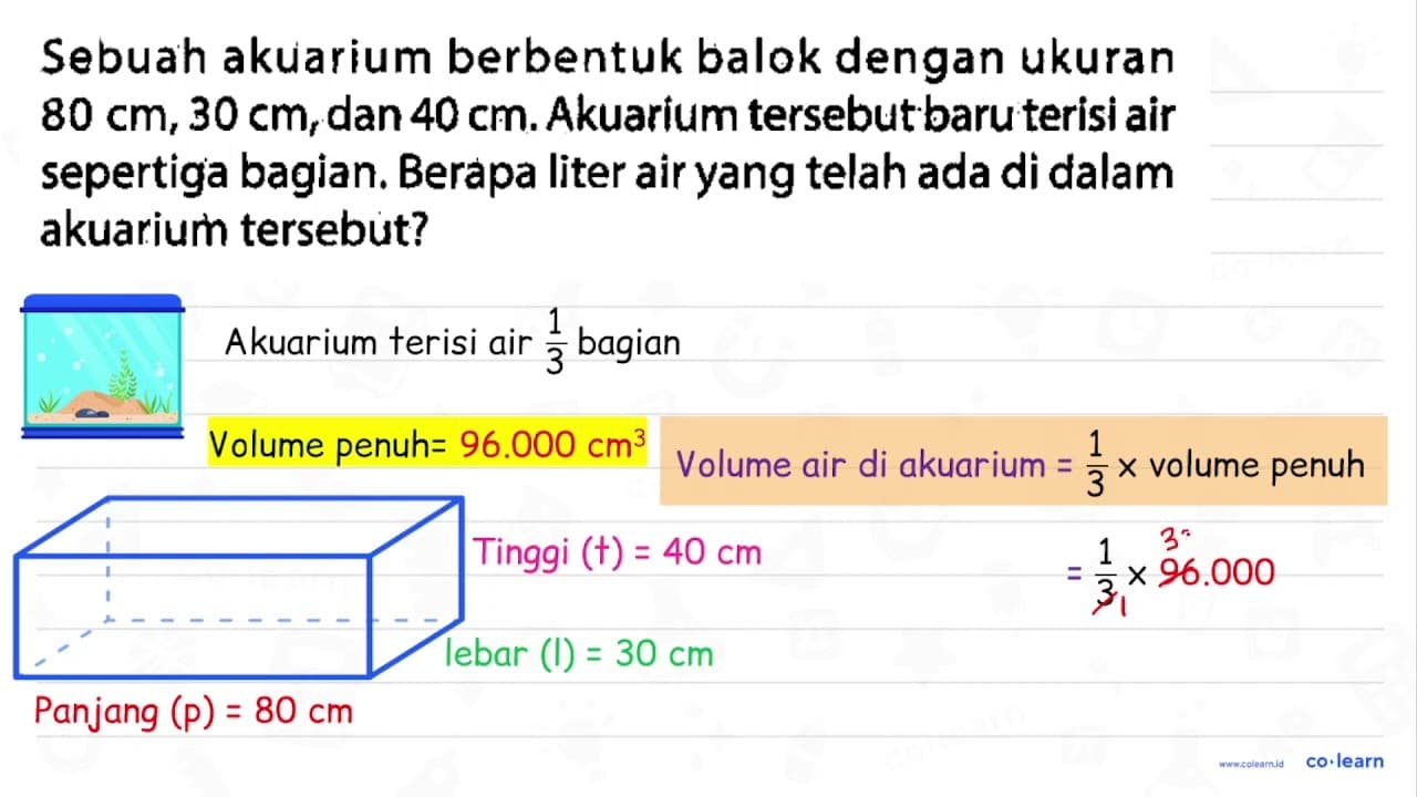 Sebuah akuarium berbentuk balok dengan ukuran 80 cm, 30 cm,