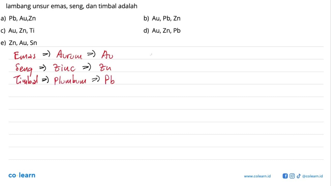 lambang unsur emas, seng, dan timbal adalah