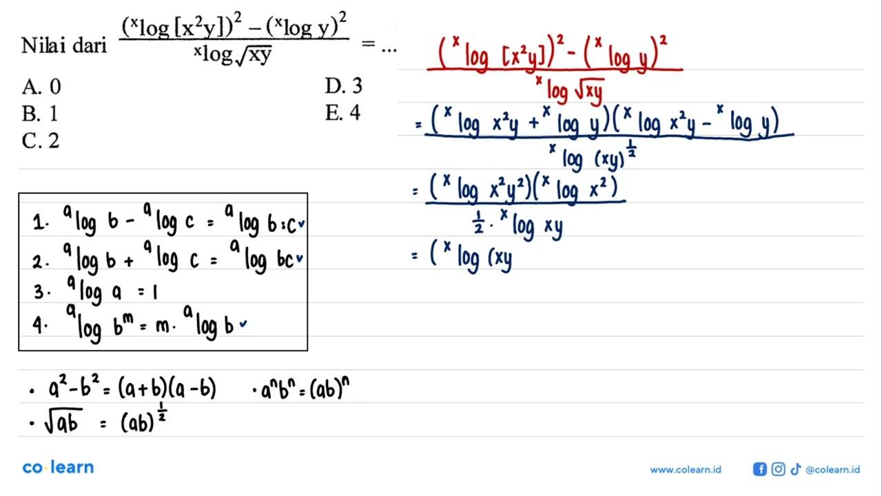 Nilai dari ((x log [x^2 y])^2-(x log y)^2)/(x log