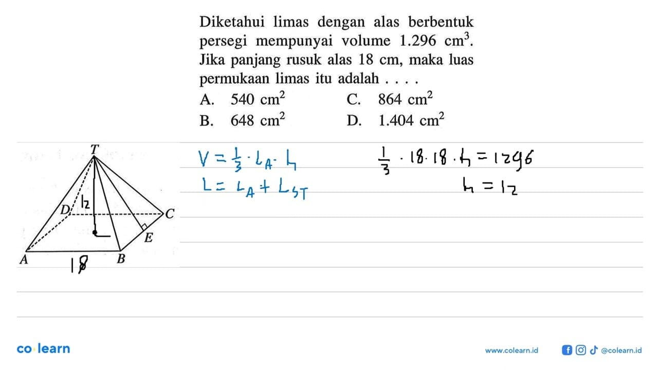 Diketahui limas dengan alas berbentuk persegi mempunyai