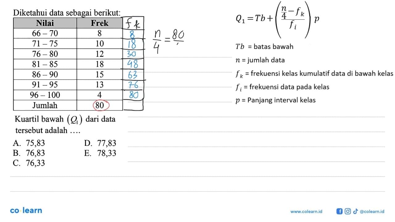 Diketahui data sebagai berikut: Nilai Frek 66-70 8 71-75 10