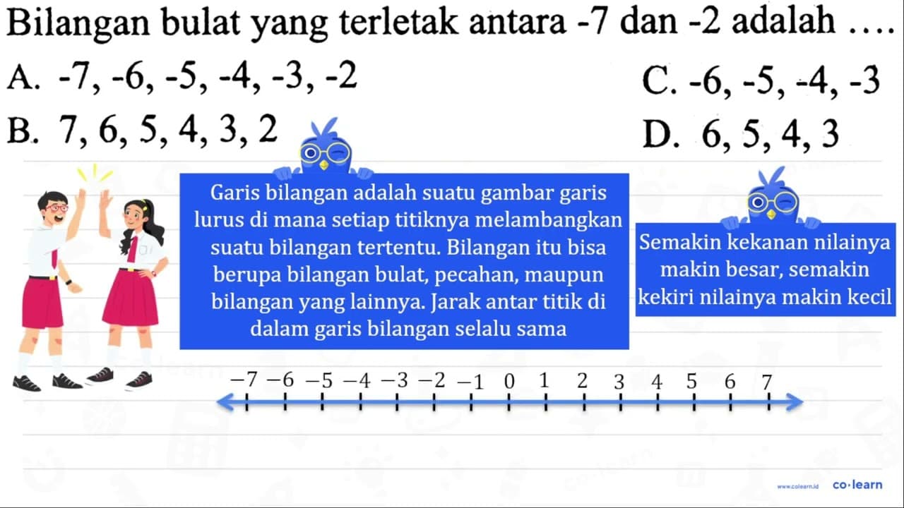 Bilangan bulat yang terletak antara -7 dan -2 adalah ....