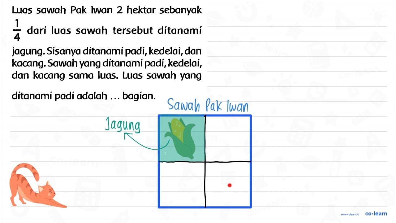 Luas sawah Pak lwan 2 hektar sebanyak (1)/(4) dari luas