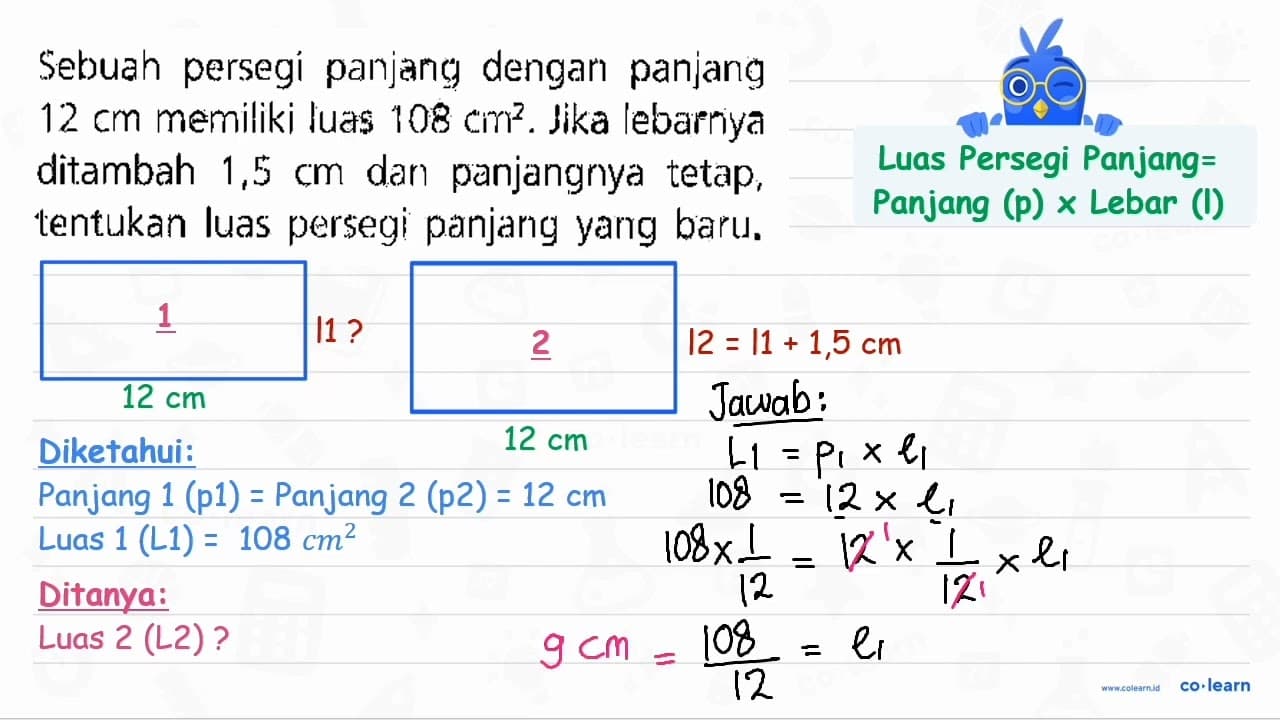 Sebuah persegi panjang dengan panjang 12 cm memiliki luas