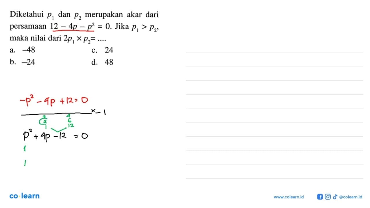 Diketahui p1 dan p2 merupakan akar dari persamaan 12 - 4p -