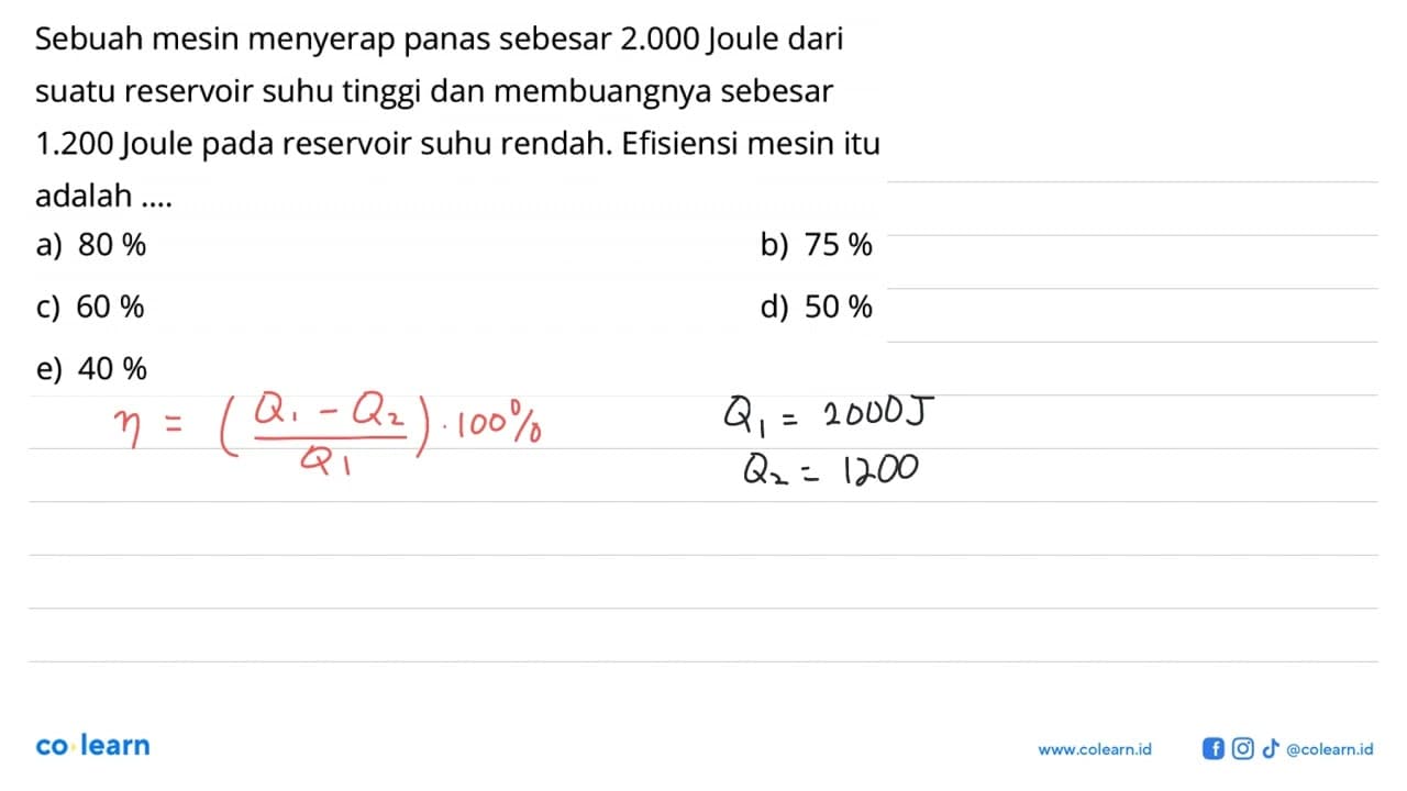 Sebuah mesin menyerap panas sebesar 2.000 Joule dari suatu