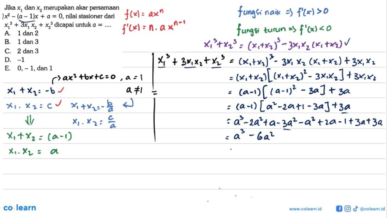 Jika x1 dan x2 merupakan akar persamaan x^2-(a-1)x+a=0 ,