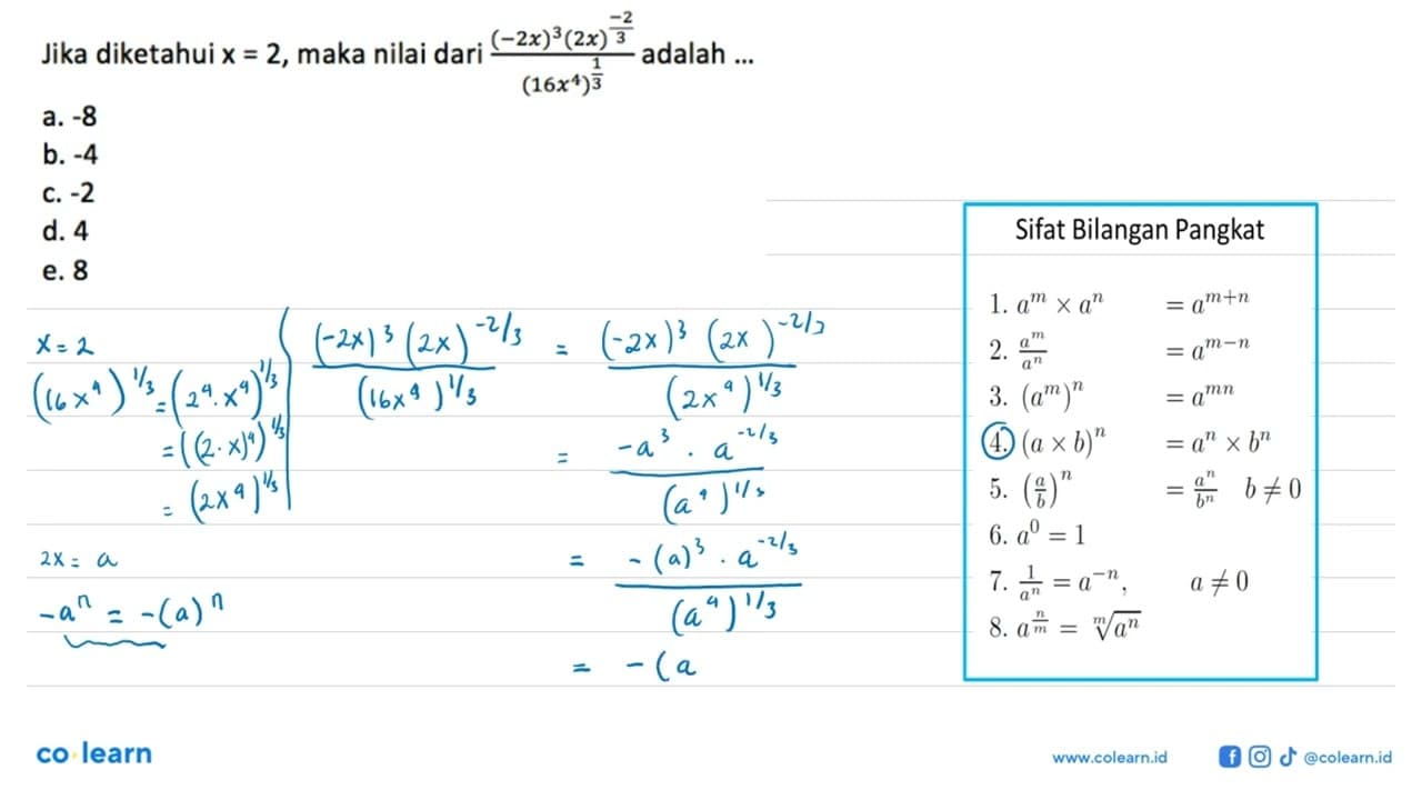 Jika diketahui x = 2, maka nilai dari ((-2x)^3