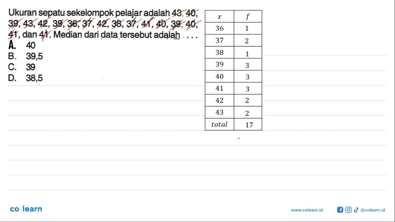 Ukuran sepatu sekelompok pelajar adalah