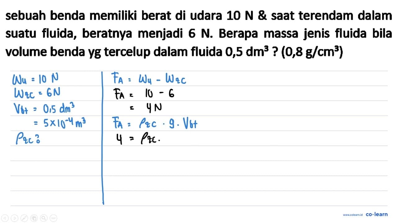 sebuah benda memiliki berat di udara 10 N saat terendam