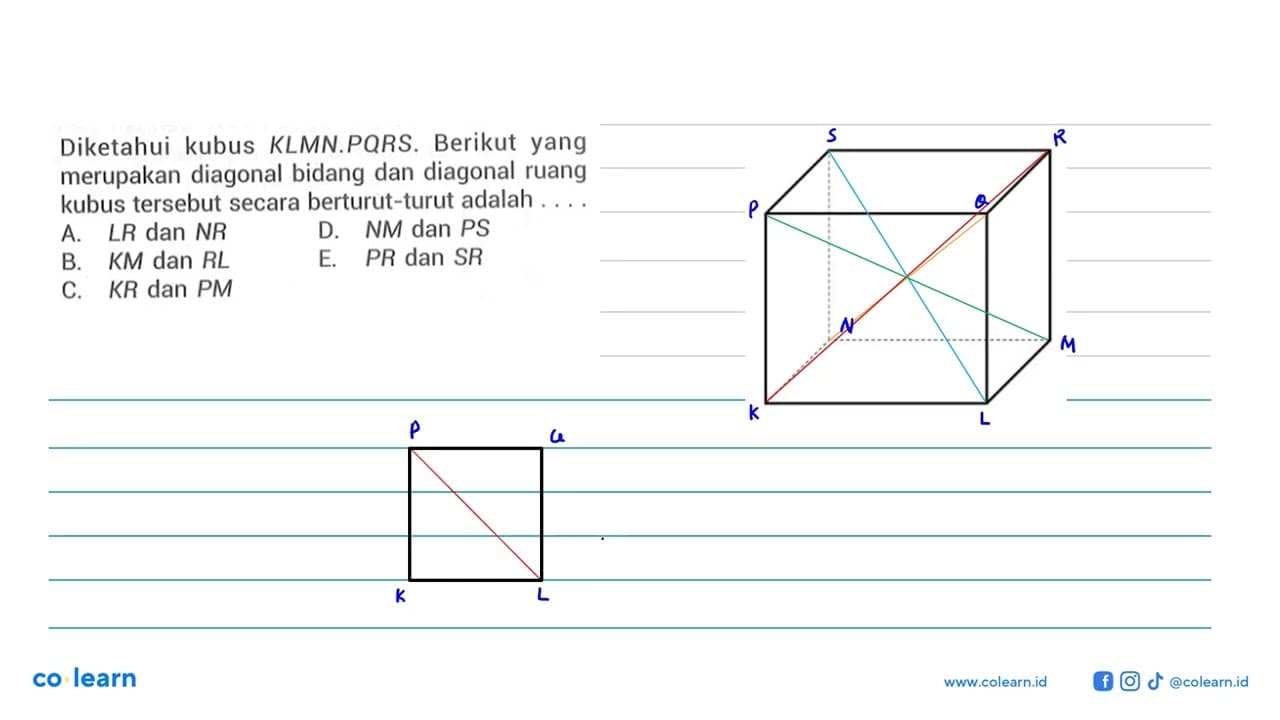 Diketahui kubus KLMN.PQRS. Berikut yang merupakan diagonal