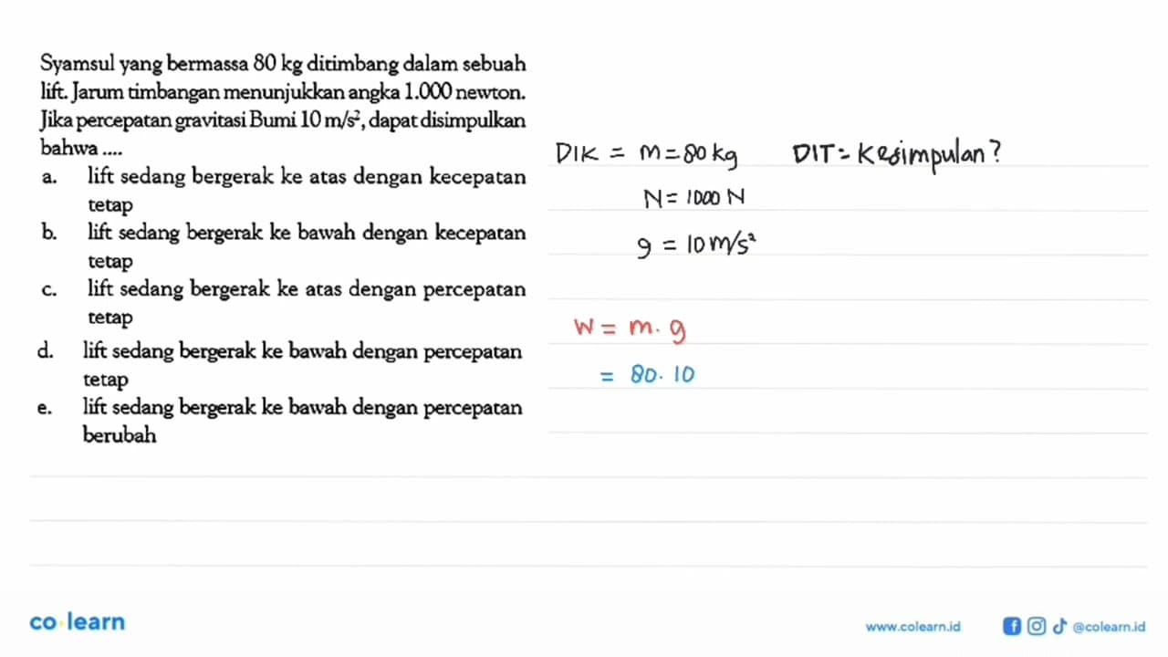 Syamsul yang bermassa 80 kg ditimbang dalam sebuah lift.