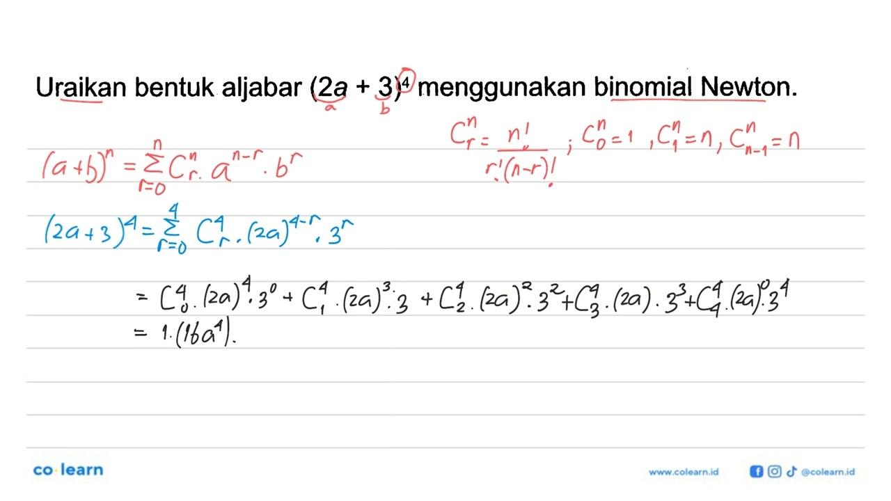 Uraikan bentuk aljabar (2a+3)^4 menggunakan binomial