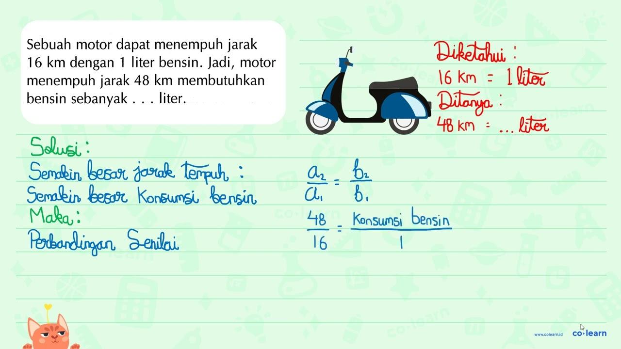 Sebuah motor dapat menempuh jarak 16 km dengan liter