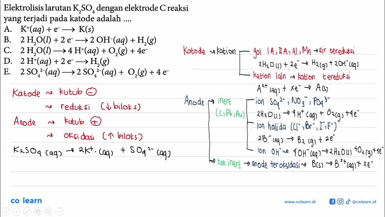 Elektrolisis larutan K2SO4 dengan elektrode C reaksi yang