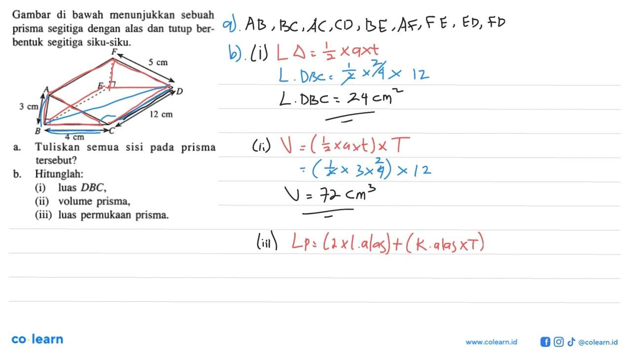 Gambar di bawah menunjukkan sebuah prisma segitiga dengan