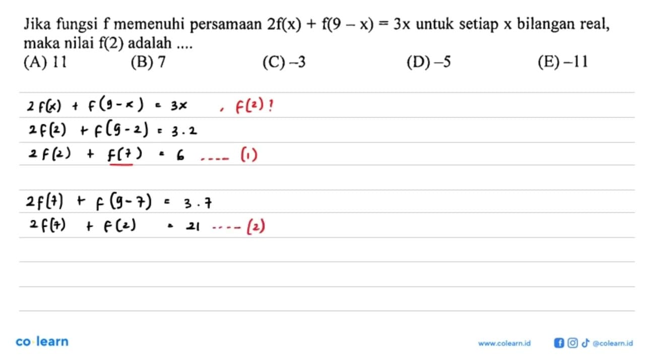 Jika fungsi f memenuhi persamaan 2f(x)+f(9-x)=3x untuk