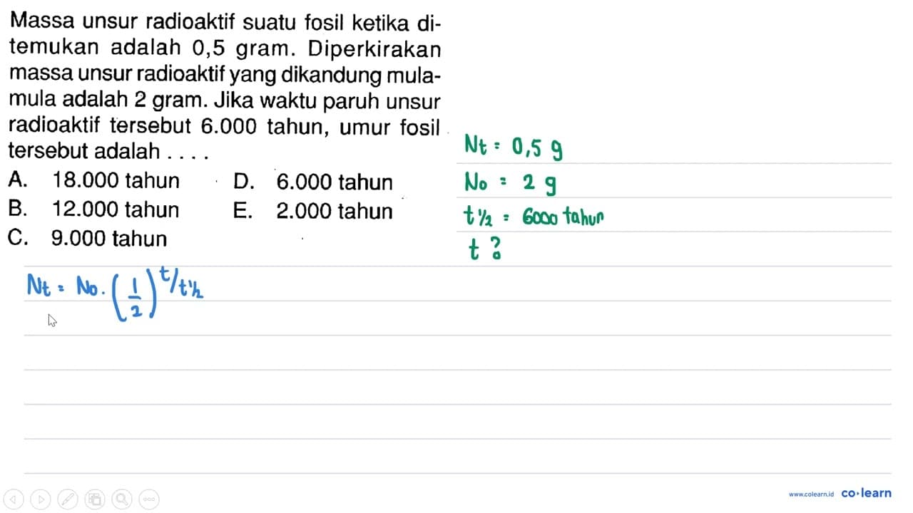 Massa unsur radioaktif suatu fosil ketika ditemukan adalah