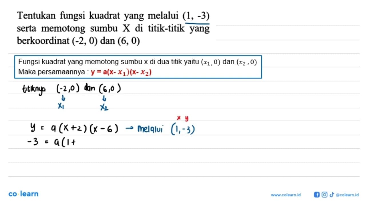 Tentukan fungsi kuadrat yang melalui (1, -3) serta memotong