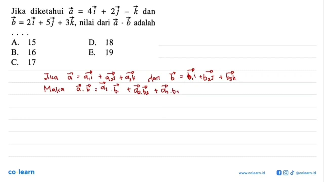 Jika diketahui vektor a=4i+2j-k dan vektor b=2i+5j+3k,