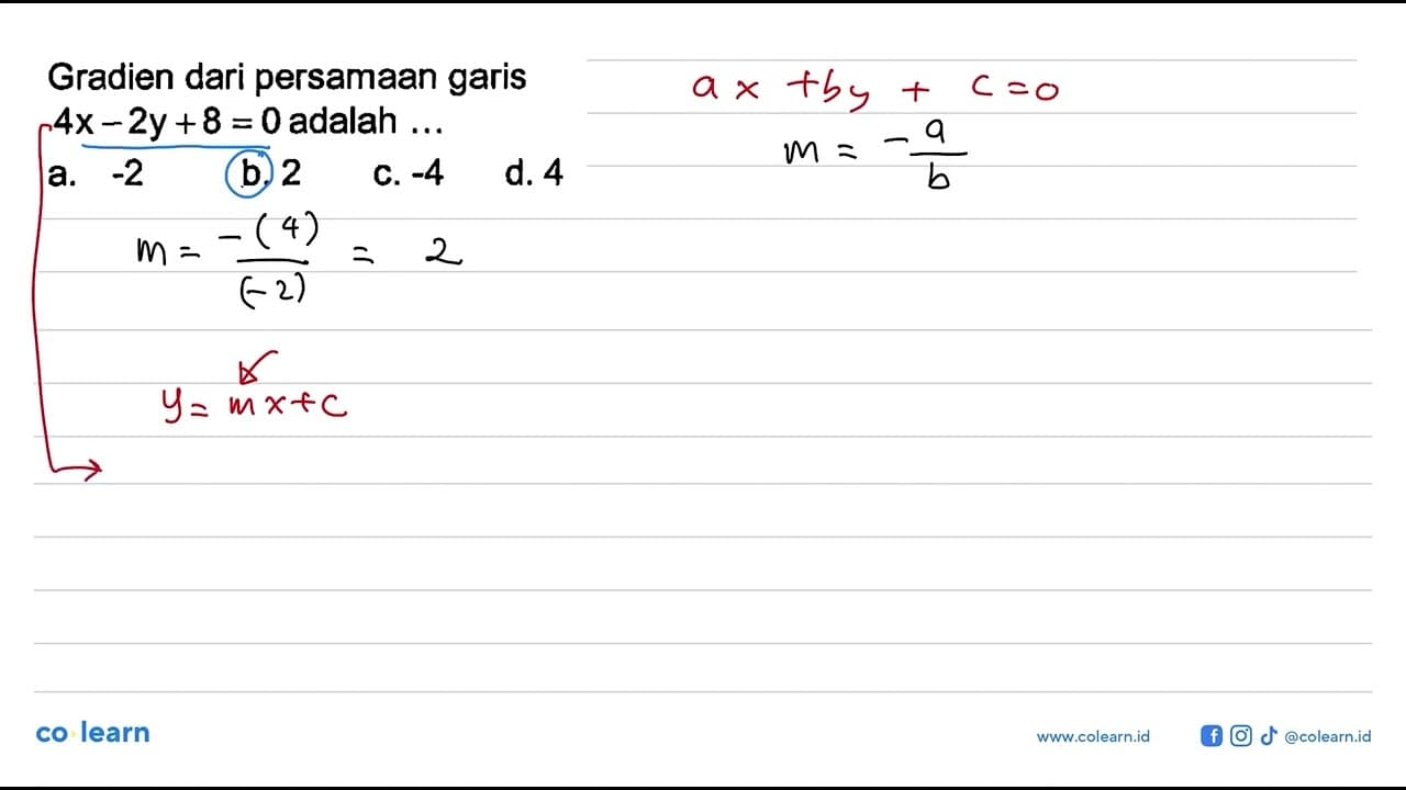 Gradien dari persamaan garis 4x-2y+8 =0 adalah a.-2 b. 2 C.