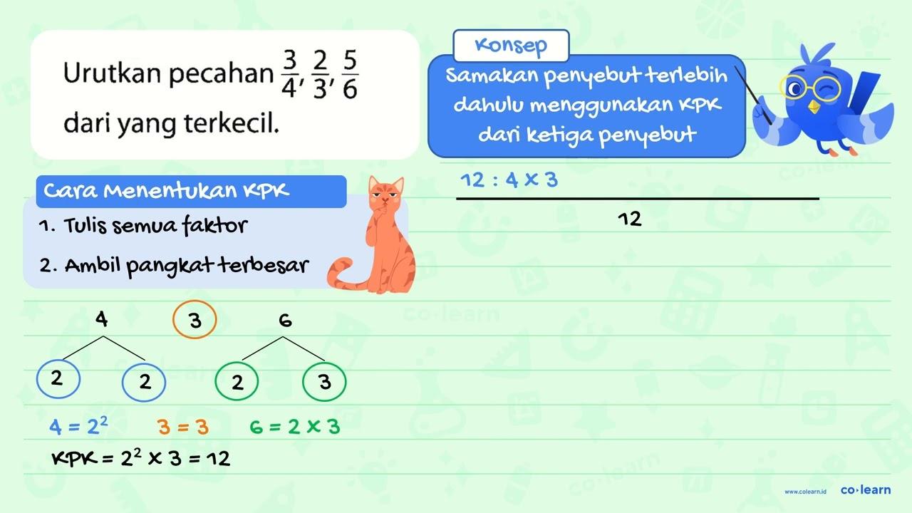 Urutkan pecahan 3/4, 2/3. 5/6 dari yang terkecil