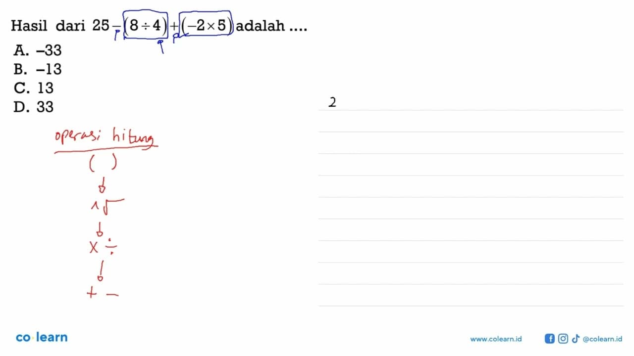 Hasil dari 25 - (8 : 4) + (-2 x 5) adalah... A. -33 B. -13