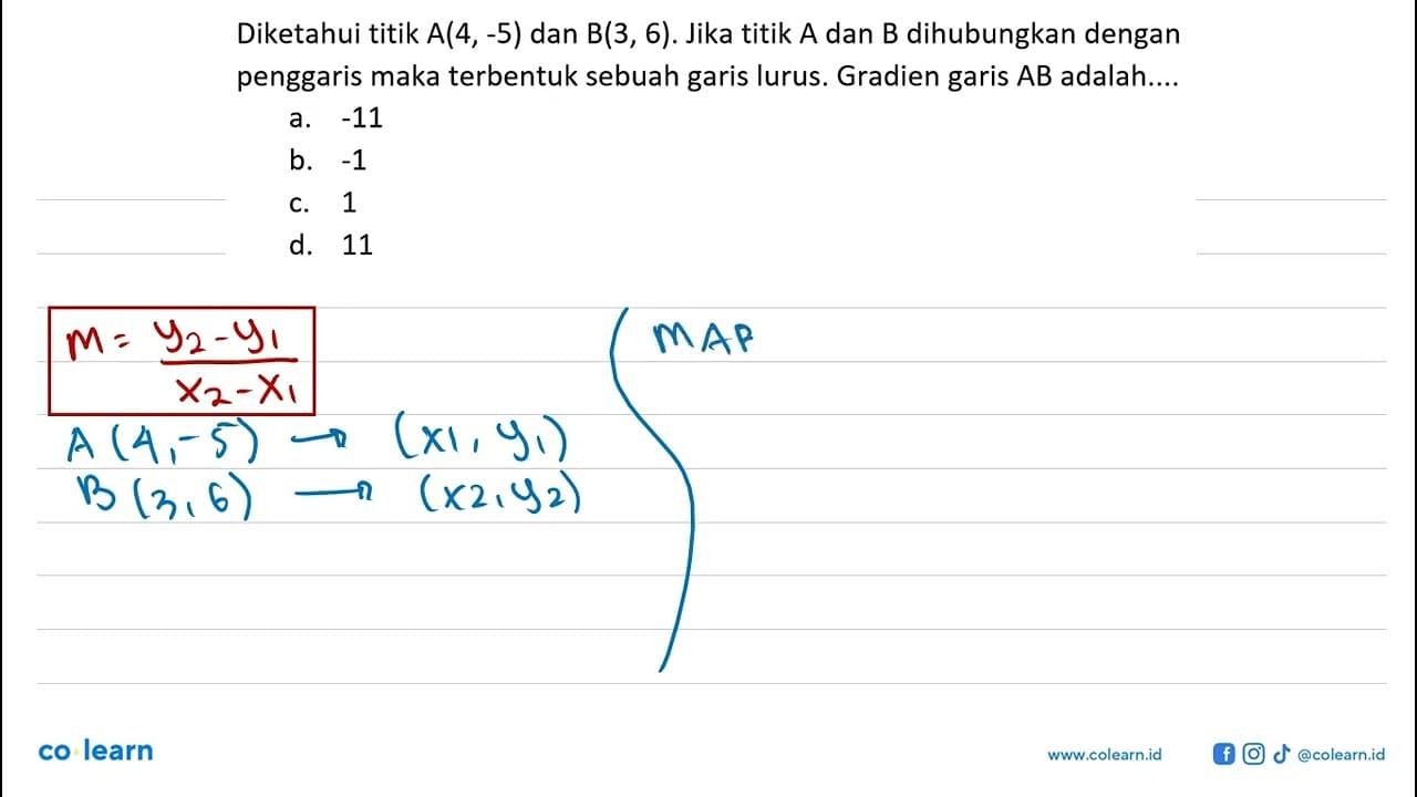 Diketahui titik A(4,-5) dan B(3, 6). Jika titik A dan B