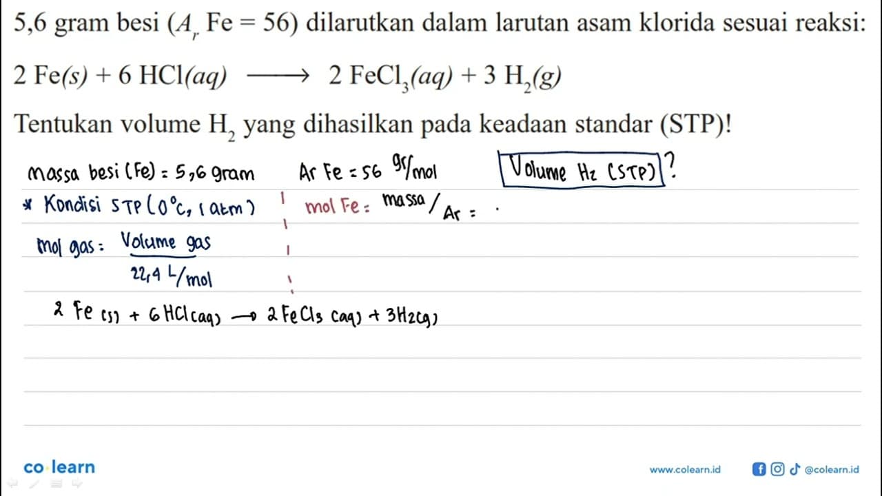 5,6 gram besi (Ar Fe=56) dilarutkan dalam larutan asam