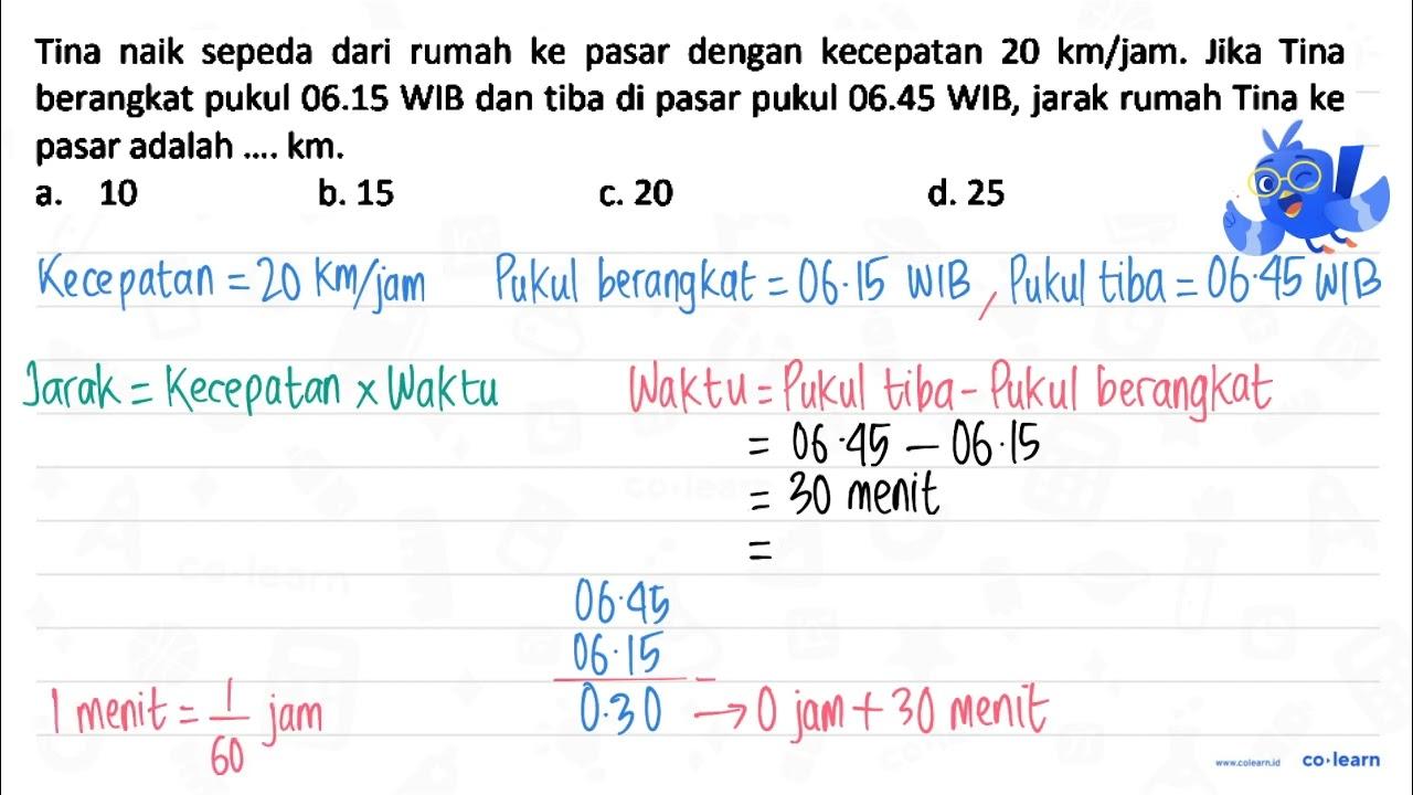 Tina naik sepeda dari rumah ke pasar dengan kecepatan 20 km