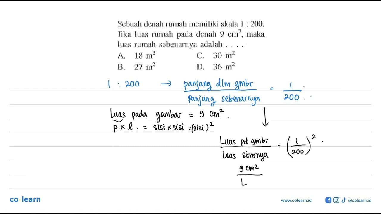 Sebuah denah rumah memiliki skala 1: 200 . Jika luas rumah