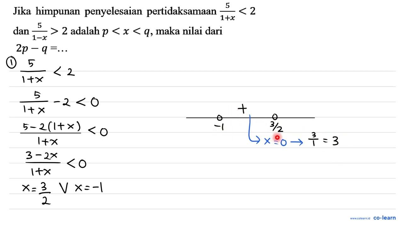 Jika himpunan penyelesaian pertidaksamaan (5)/(1+x)<2 dan