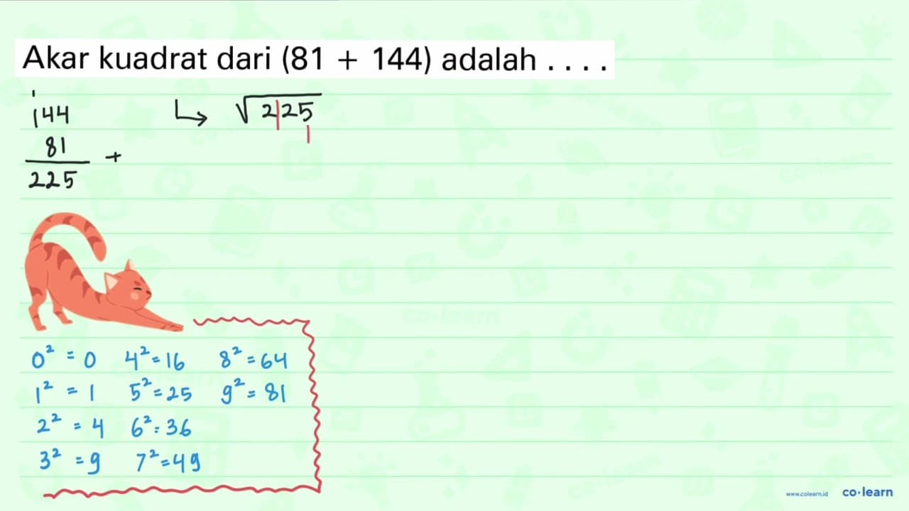 Akar kuadrat dari (81 + 144) adalah