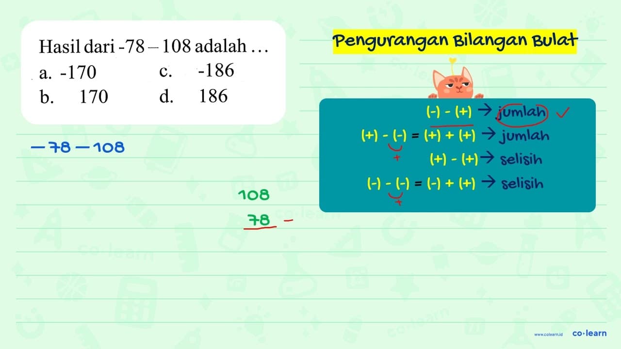 Hasil dari -78 - 108 adalah ...