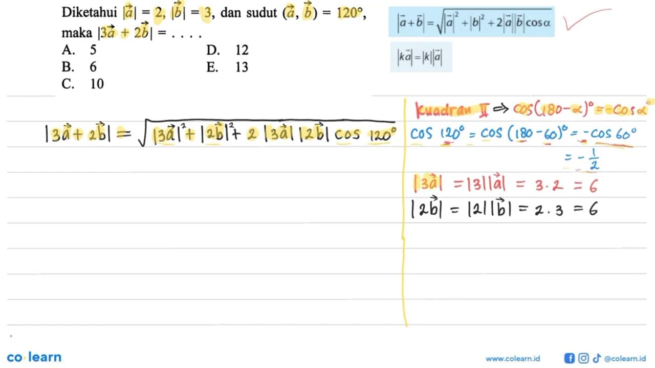 Diketahui |a|=2,|b|=3, dan sudut (a, b)=120 maka