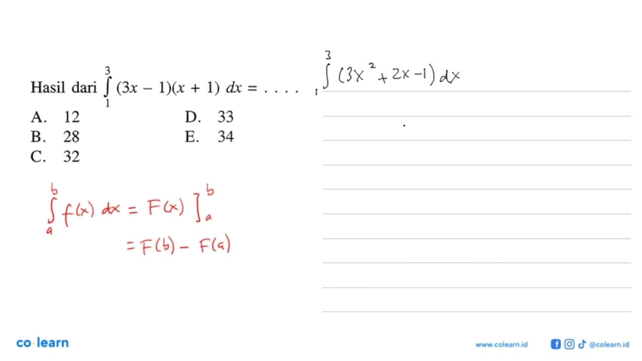 Hasil dari integral dari(1)^3(3x-1)(x+1) dx=....