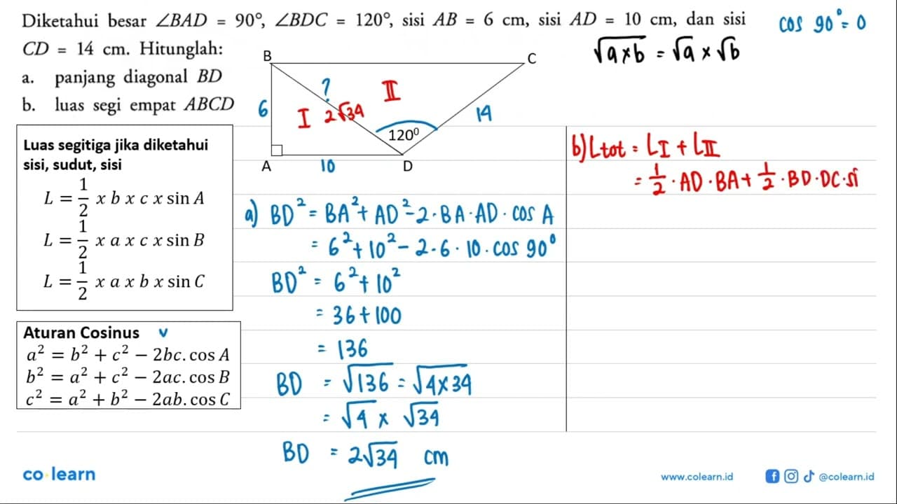 Diketahui besar sudut BAD=90, sudut BDC=120, sisi AB=6 cm,