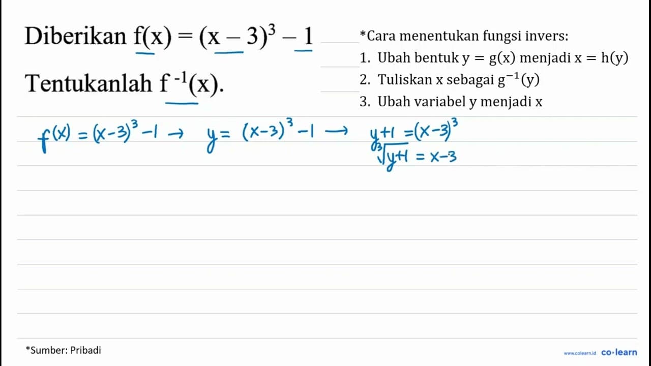 Diberikan f(x)=(x-3)^(3)-1 Tentukanlah f^(-1)(x) .