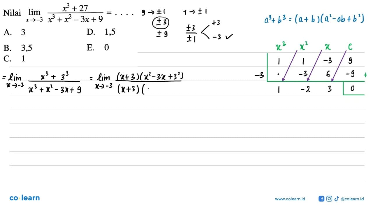 Nilai lim x->3 (x^3+27)/(x^3+x^2-3x+9)=....