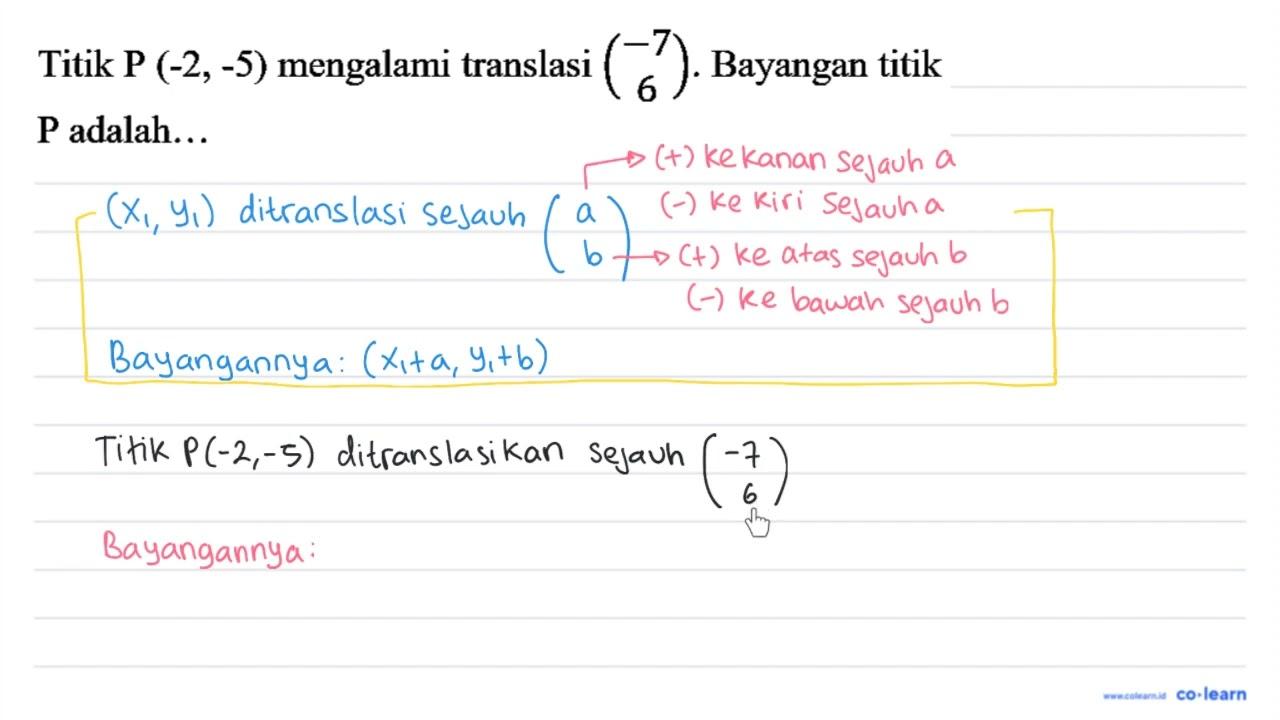 Titik P (-2,-5) mengalami translasi (-7 6) . Bayangan titik