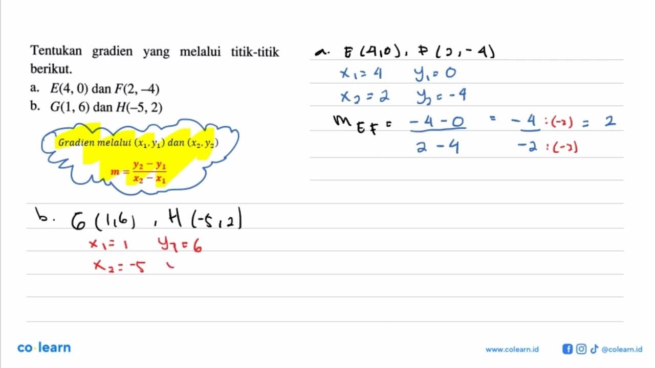 Tentukan gradien yang melalui titik-titik berikut. a. E(4,