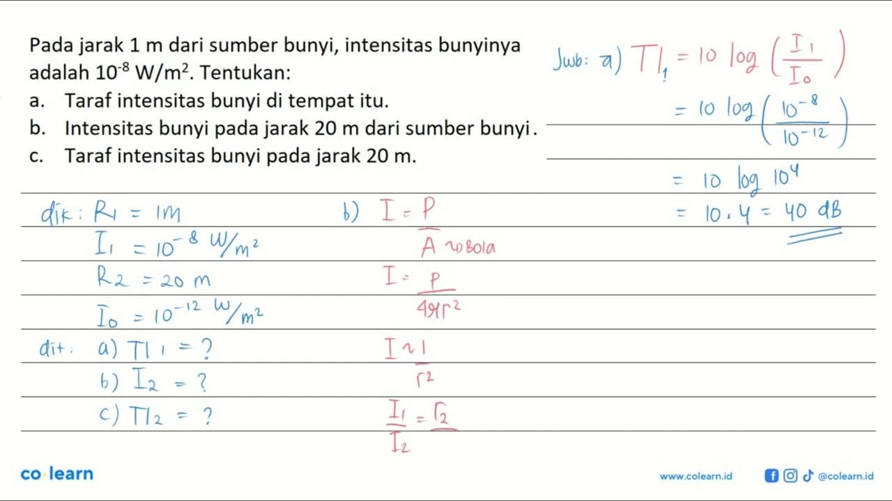 Pada jarak 1 m dari sumber bunyi, intensitas bunyinya