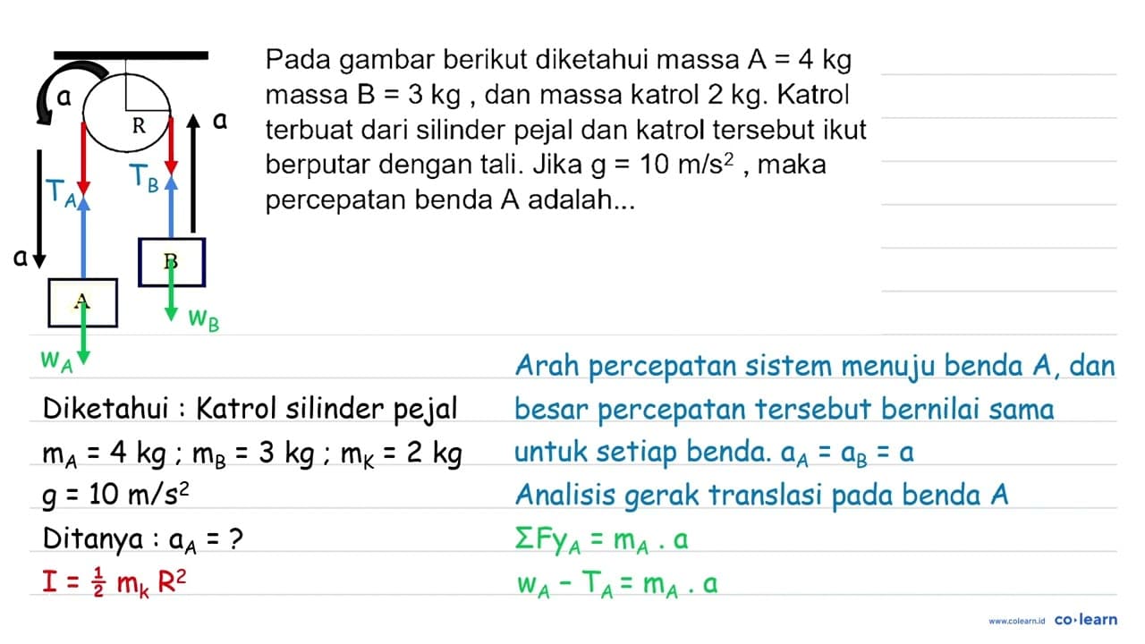 R B A Pada gambar berikut diketahui massa A = 4 kg massa B