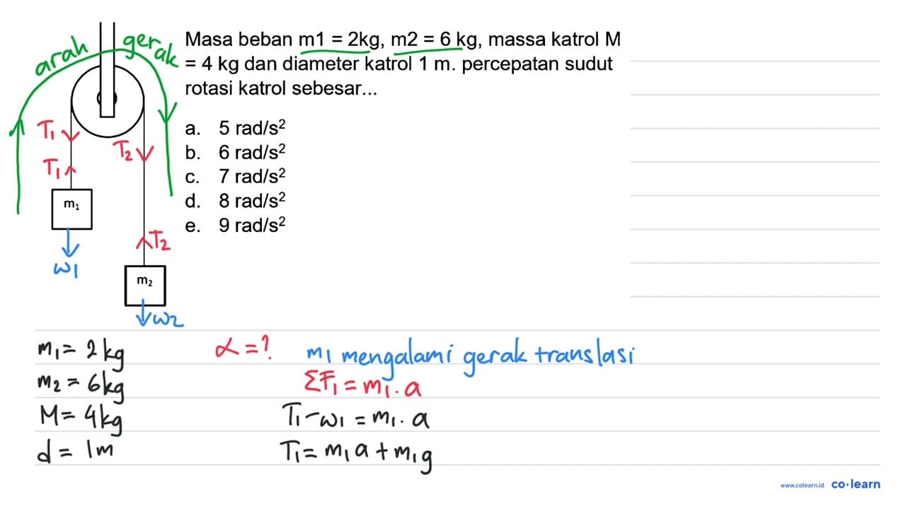 Masa beban m1 2kg, m2 = 6 kg, massa katrol M = 4 kg dan