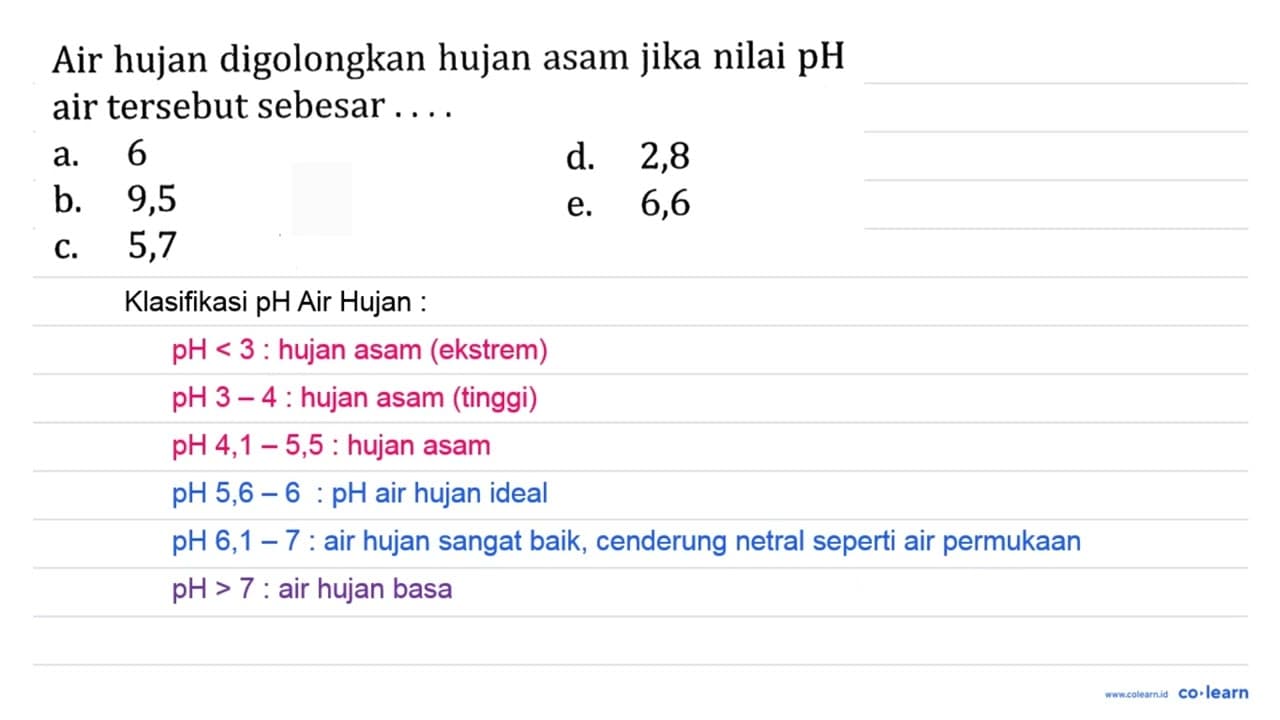 Air hujan digolongkan hujan asam jika nilai pH air tersebut