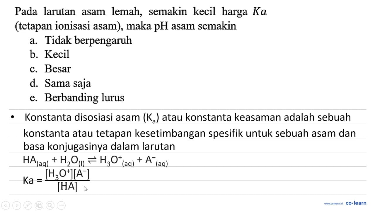 Pada larutan asam lemah, semakin kecil harga Ka (tetapan