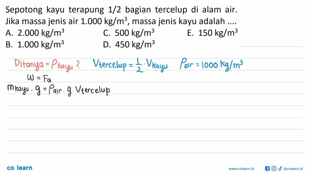 Sepotong kayu terapung 1/2 bagian tercelup di dalam air.