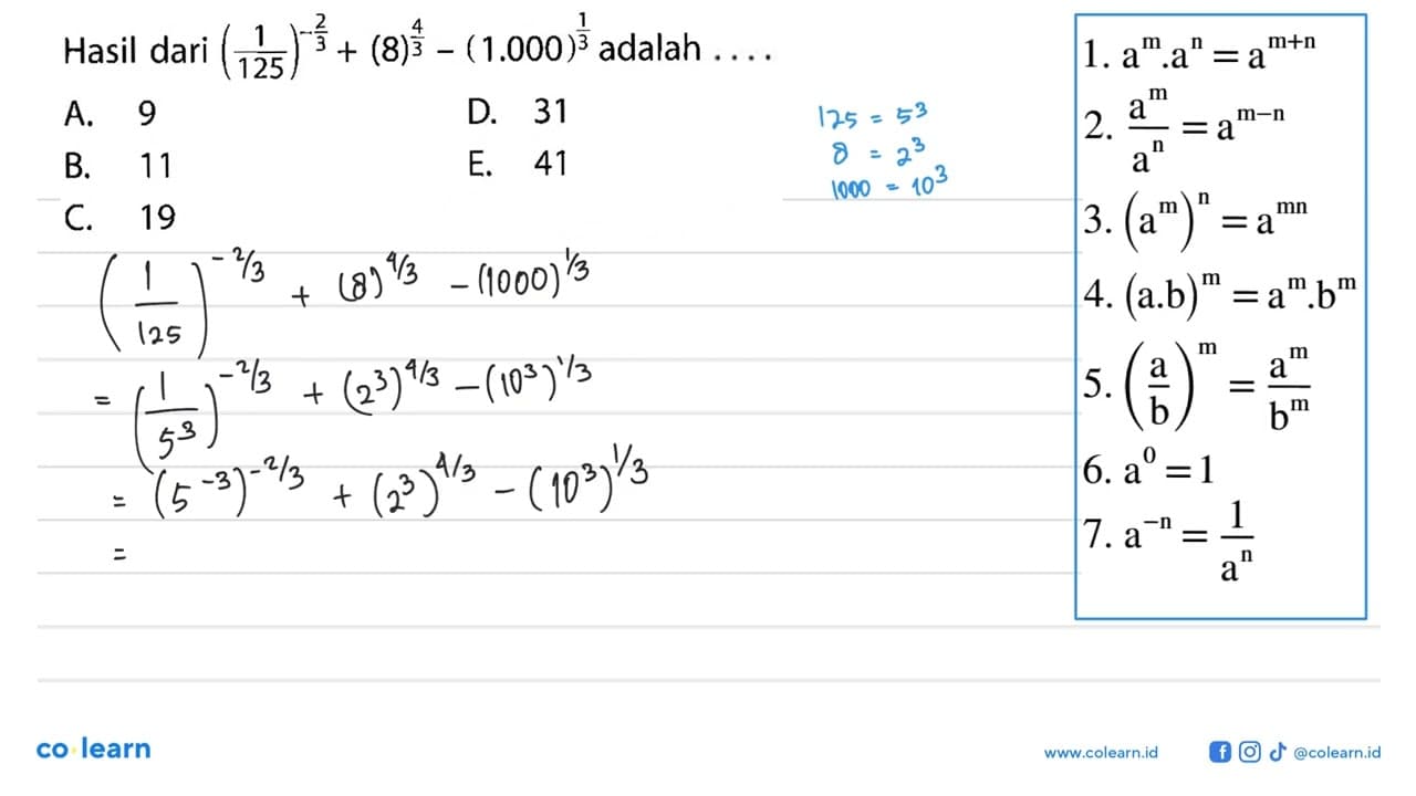 Hasil dari (1/125)^(-2/3) + (8)^(4/3) - (1.000)^(1/3)